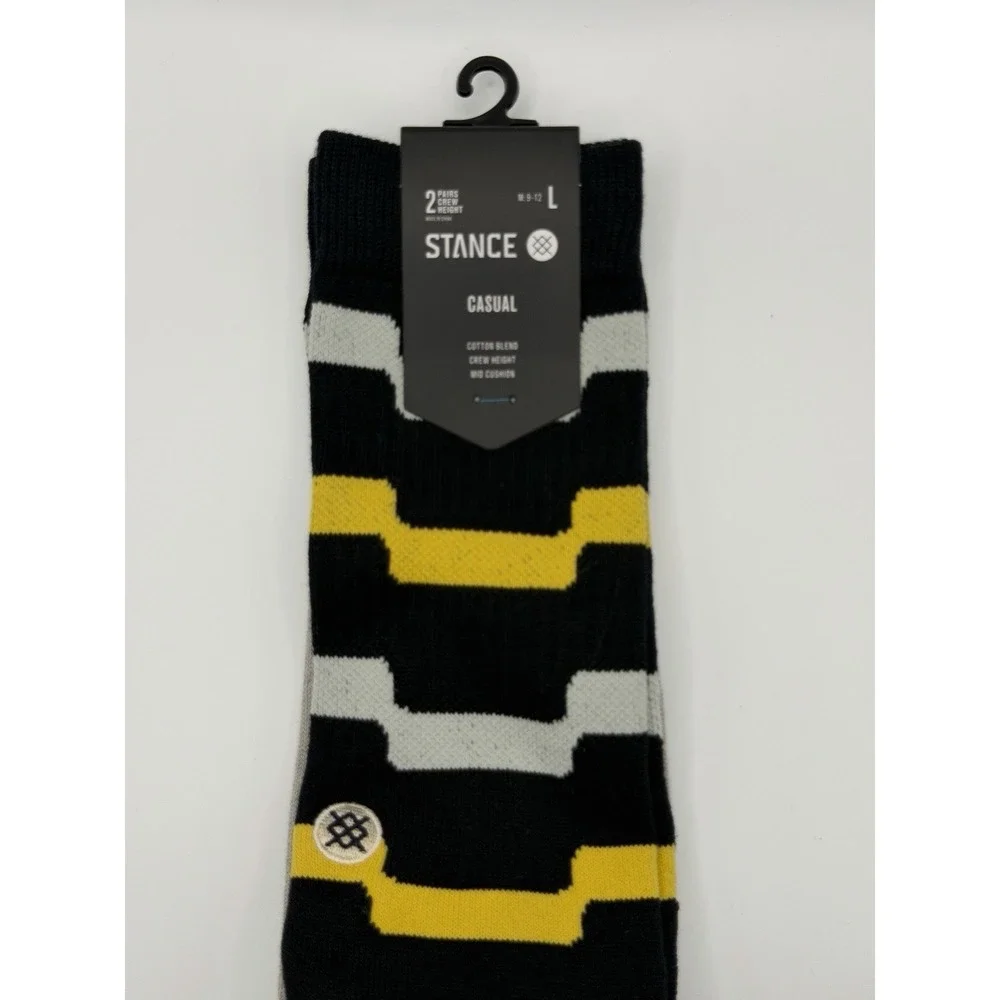 Stance Casual 2 Pack Crew Socks Black Yellow Grey Striped Mens L NWT AS56D2SWAP